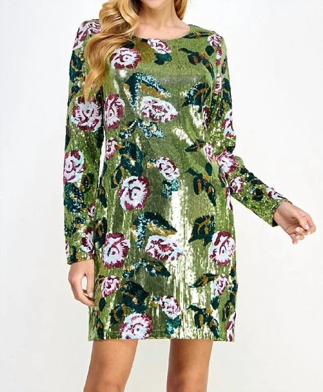 Floral Sequin Long Sleeve Mini Dress In Green