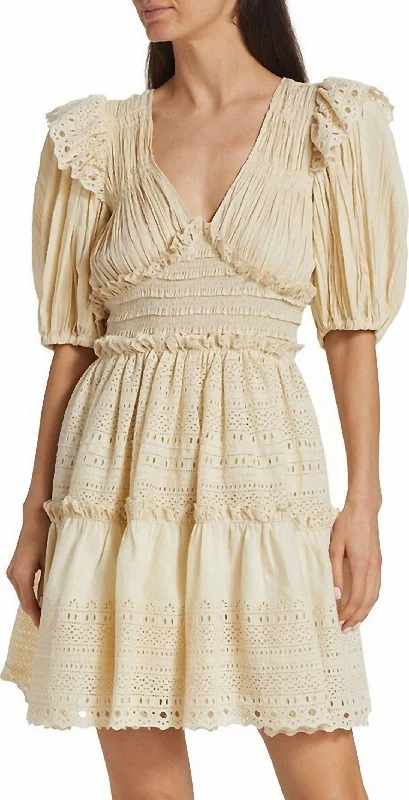 Women Marley Pleated Smocked Eyelet Mini Dress In Cream