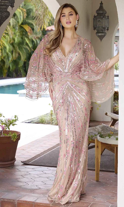 Primavera Couture 12189 - V-Neck Cape Sleeve Sequin Evening Gown