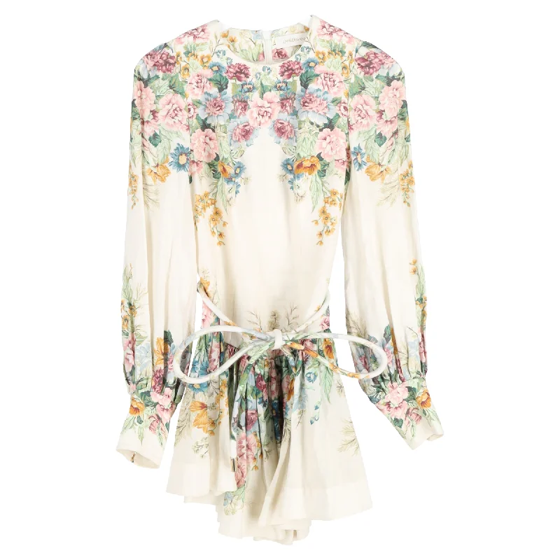 Zimmermann Floral Print Mini Belted Long Sleeve Dress in Multicolor Linen