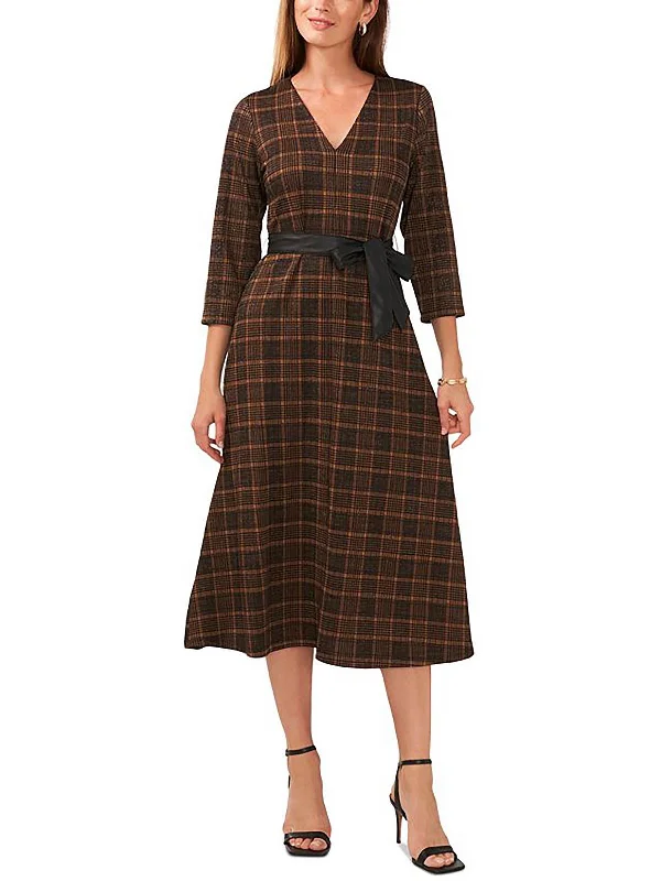 Womens Knit Plaid Midi Dress