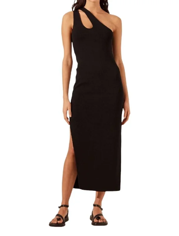 Basic One Shoulder Open Back Midi Dress In Black