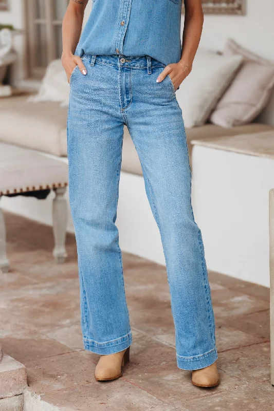 Medium Light Wash High Rise Wide Leg Jeans