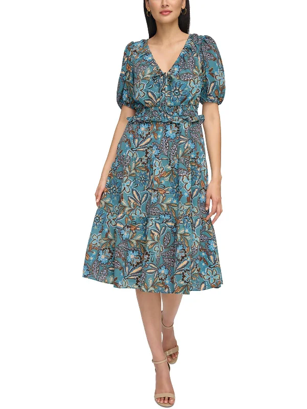 Womens Printed Smocked Midi Dress