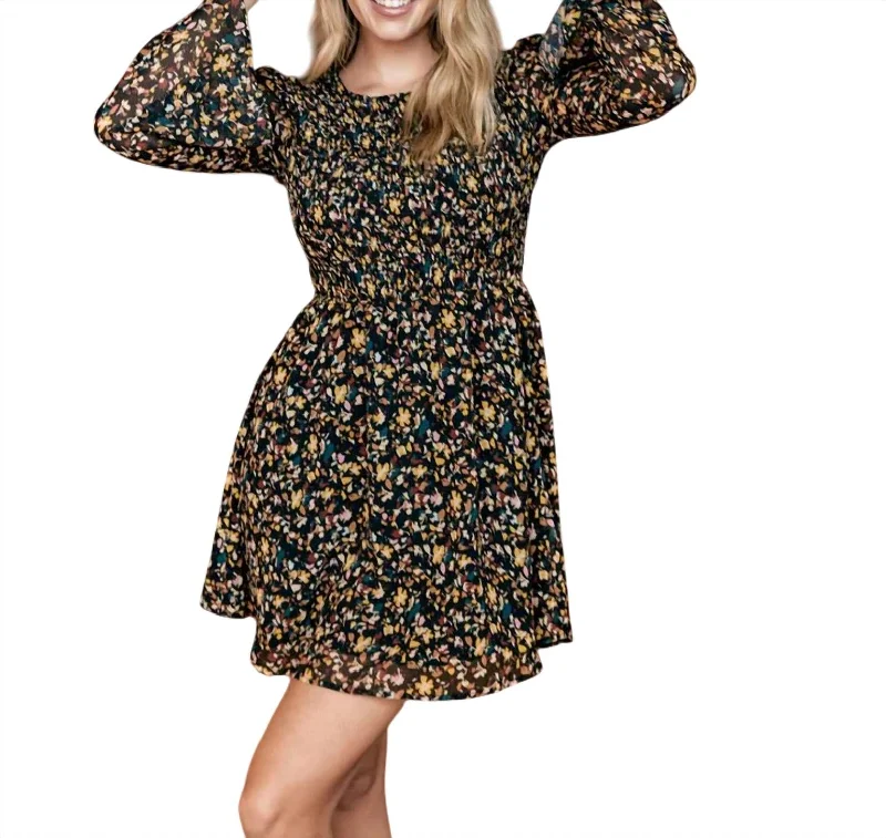 Ellamore Smocked Mini Dress In Black Floral