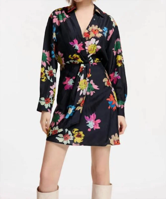 Floral Silk Mini Wrap Dress In Black