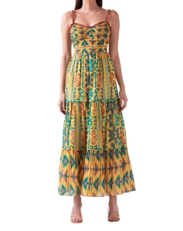 Savari Beaded Strap Smocked Midi Dress In Yellow Teal