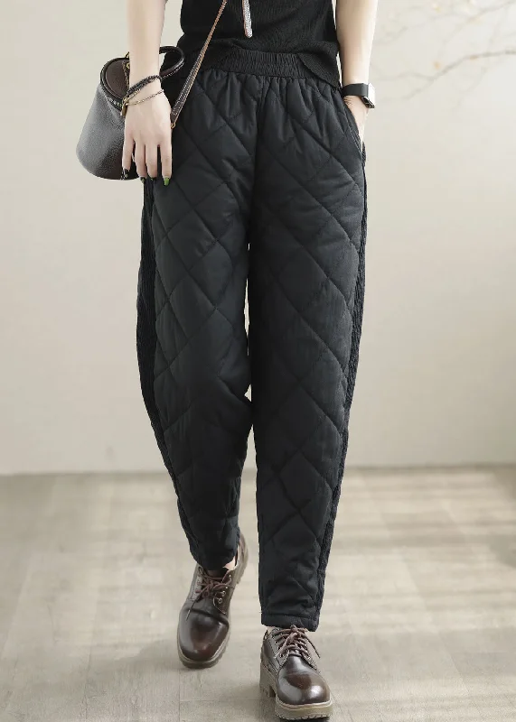 Classy Black Elastic Waist Patchwork Fine Cotton Filled Pants Winter