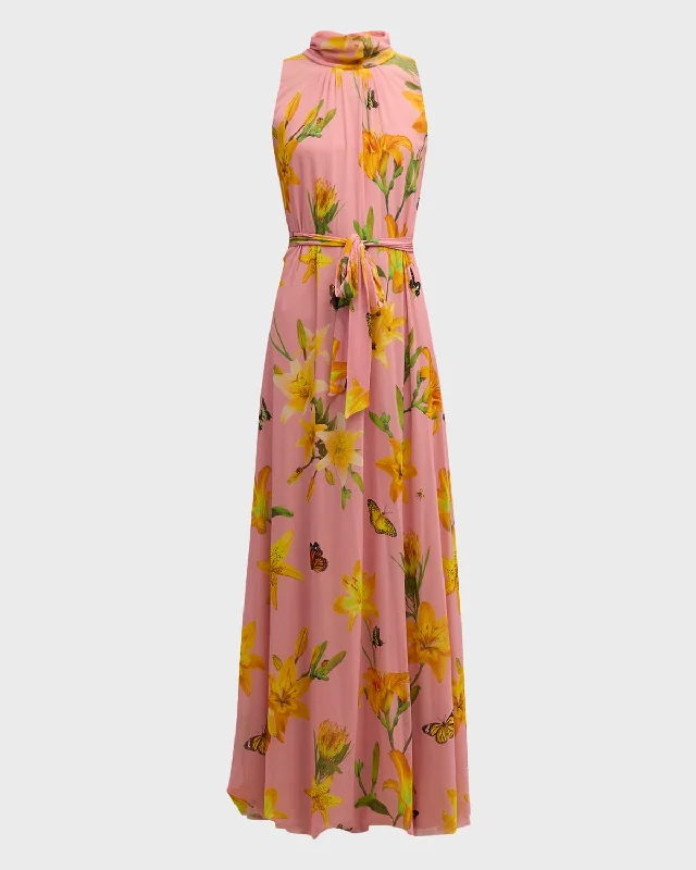 Floral-Print Turtleneck Tulle Maxi Dress