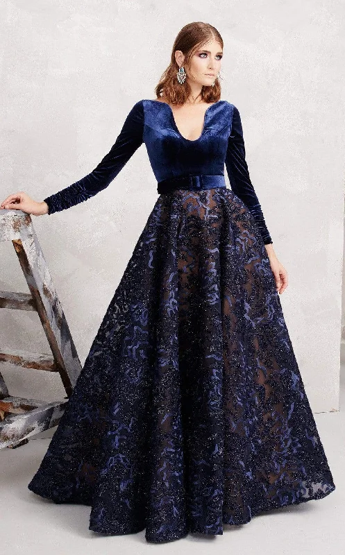 MNM Couture - N0263 Long Sleeve Velvet Bodice Embroidered Gown