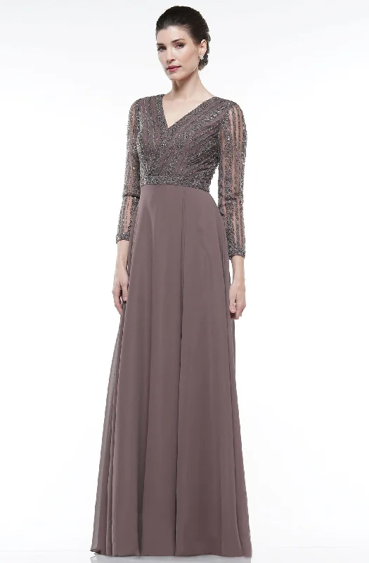 Marsoni By Colors - M277 Embellished Long Sleeve V-Neck Long Dress