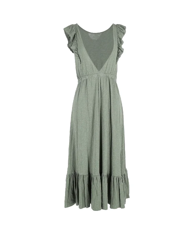 Ba&Sh Gathered Ruffle-Trimmed Midi Dress In Khaki Cotton