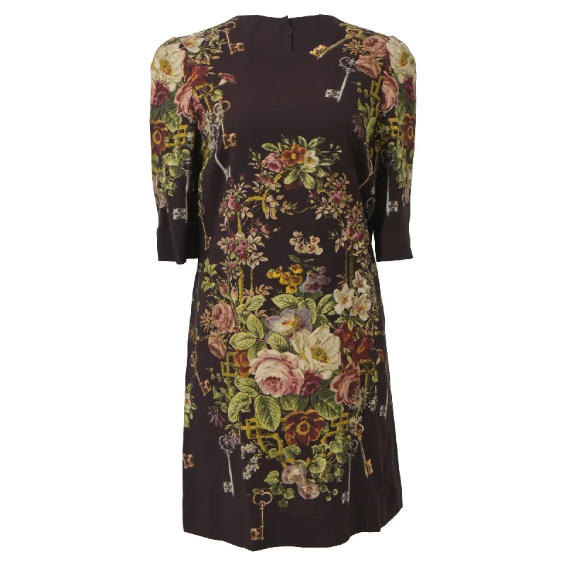 Dolce & Gabbana Flowers and Keys Printed Mini Dress in Multicolor Viscose