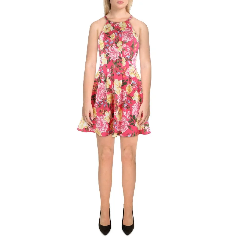 Petites Womens Floral Print Mini Fit & Flare Dress