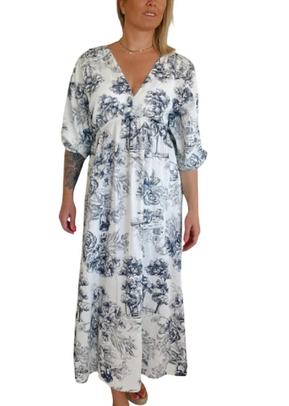 Deep V-Neck Maxi Floral Print Dress In White/navy