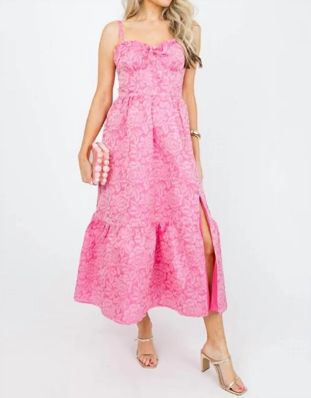 Rose Bustier Jacquard Midi Dress In Pink Mix