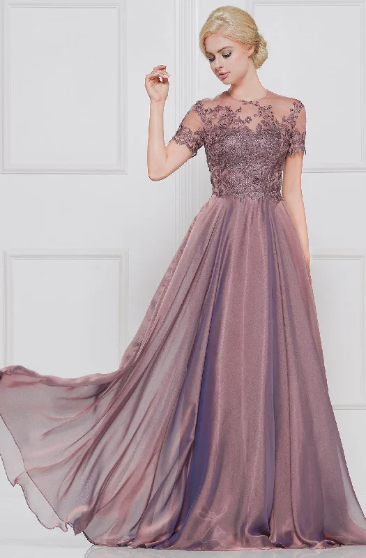 Marsoni By Colors - M274 Illusion Embroidered Chiffon A-Line Dress