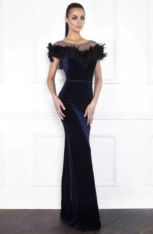 Nicole Bakti - 6851 Illusion Feather Ornate Velvet Sheath Gown