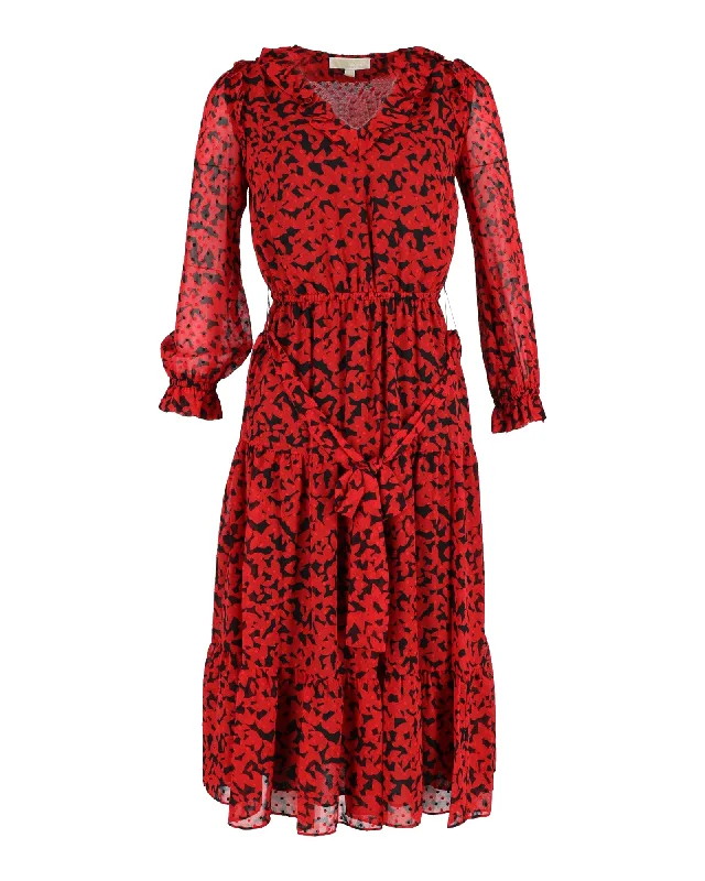 Michael Michael Kors Long Sleeve Printed Midi Dress in Red Polyester