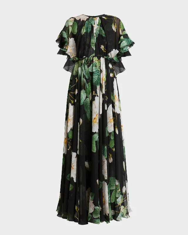 Floral-Print Gathered Chiffon Ruffle-Cape Maxi Dress