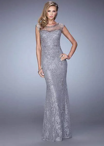 La Femme - Sparkling Lace Sheath Gown 20673 - 1 pc Platinum in Size 10 Available