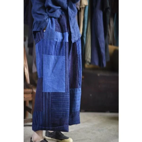 Patchwork Linen Elastic Waist Pants Female Loose Wide Leg Trousers