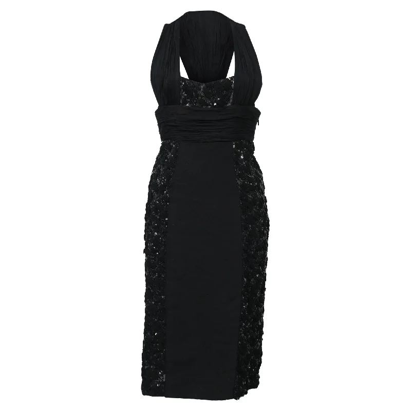 Versace Sequin Detail Midi Halter Neck Dress in Black Viscose