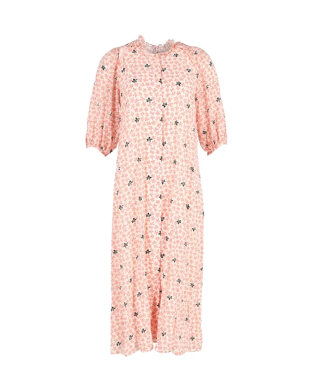 Vilshenko Floral Printed Midi Dress in Peach Silk