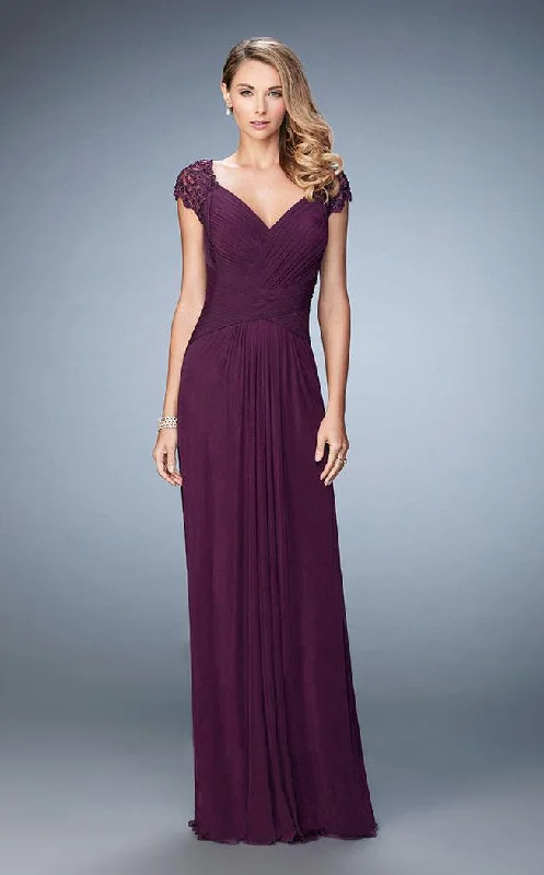 La Femme Lace Cap Sleeve Weaved Cutout Back Jersey Gown 23084SC