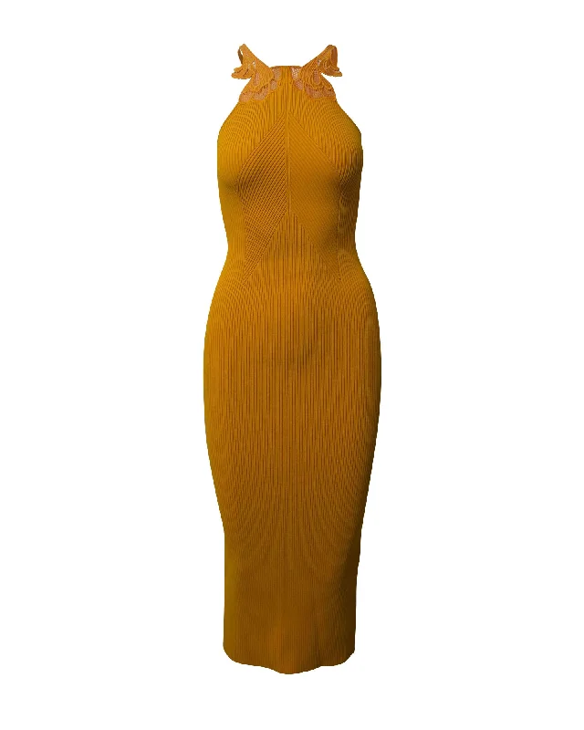 Self Portrait Lace Insert Knit Midi Dress in Yellow Viscose