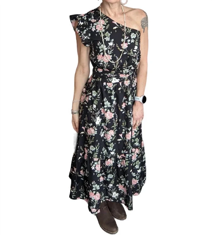 Floral Cold Shoulder Midi Dress In Black