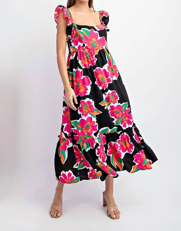 Floral Printed Ruffle Midi Dress In Black