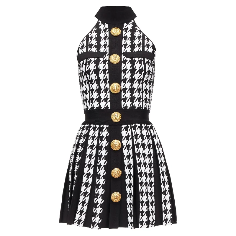 Balmain houndstooth lion button halter mini dress