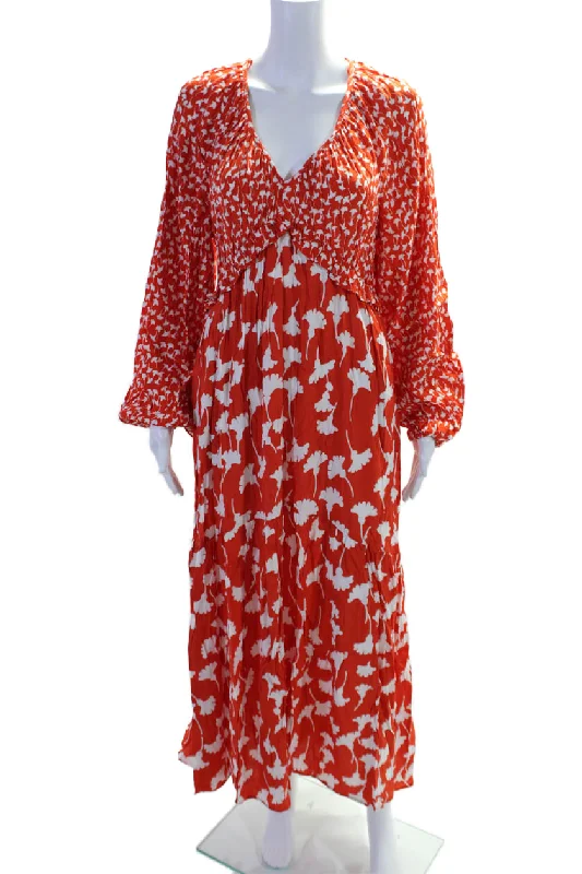 Diane Von Furstenberg Womens V-Neck Long Sleeves Tiered Floral Maxi Dress