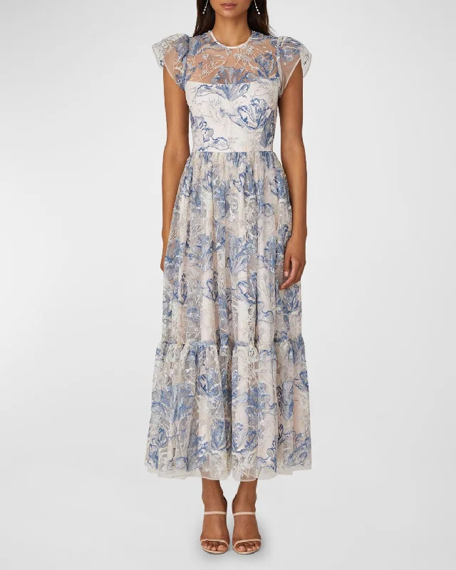 Cap-Sleeve Sequin Floral-Embroidered Maxi Dress