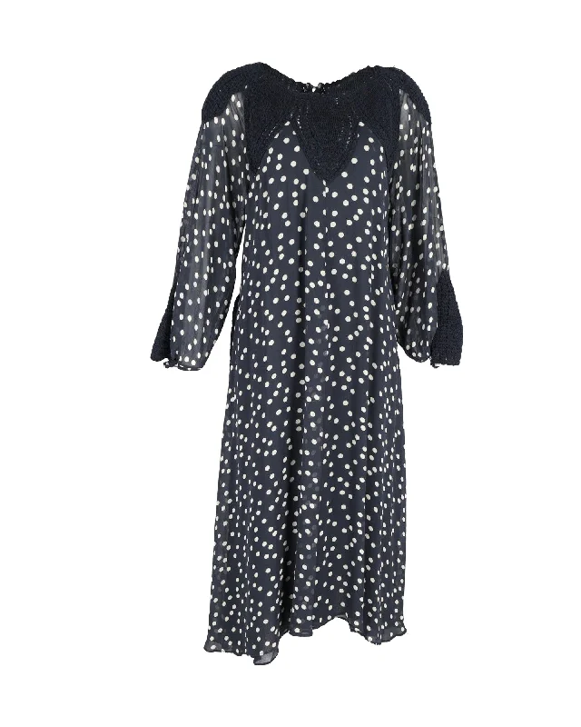 Rixo London Irene Crochet-Paneled Polka Dot Midi Dress in Navy Blue Viscose