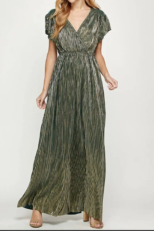 Metallic Maxi Dress In Forest/gold