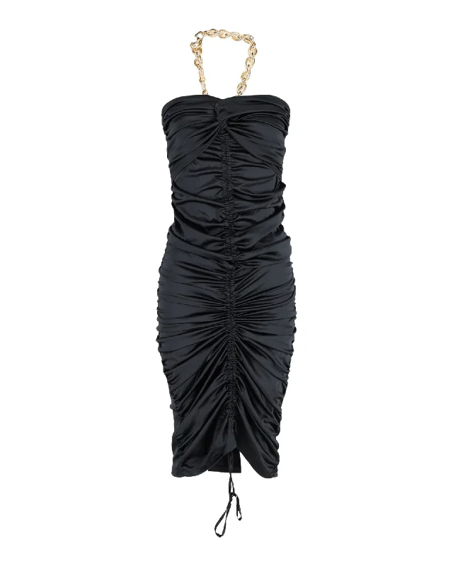 Dodo Bar Or Roxy Chain-Detail Ruched Midi Dress in Black Silk