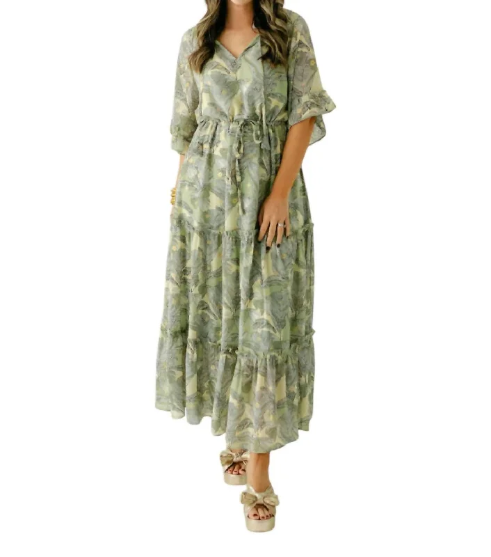 Cinched Waist Maxi Dress In Olive Leaf