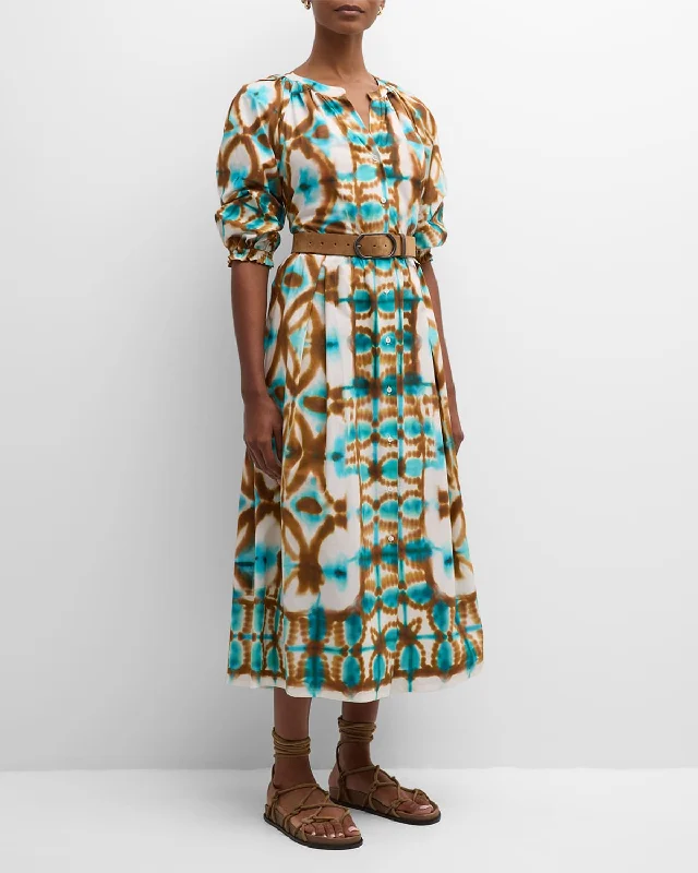 Cande Raglan-Sleeve Tie-Dye Midi Shirtdress