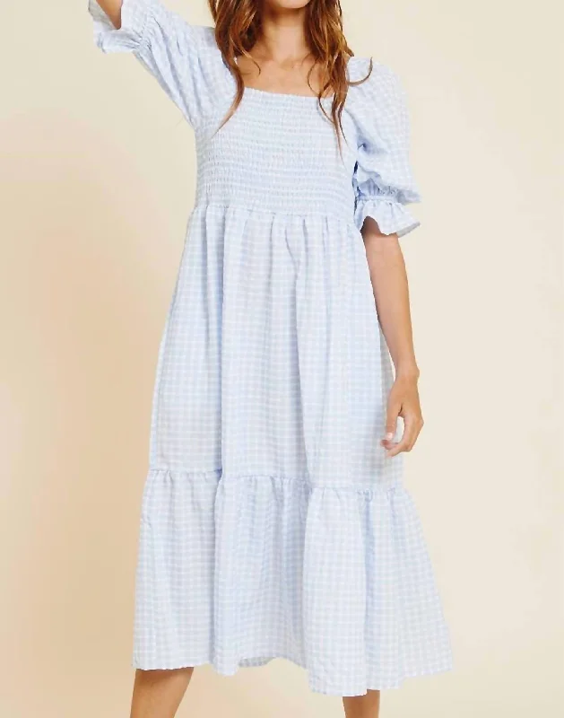 Gingham Smocked Midi Dress In Blue