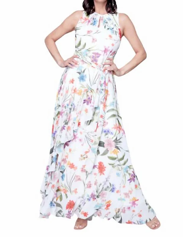 Floral Print Maxi Dress In White Multi