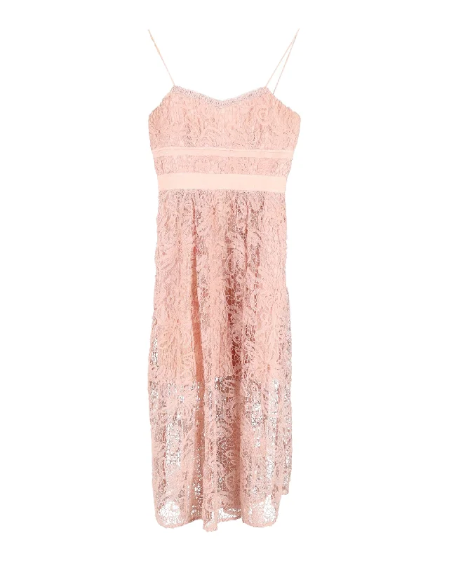 Self-Portrait Lace Midi Dress in Pastel Pink Cotton