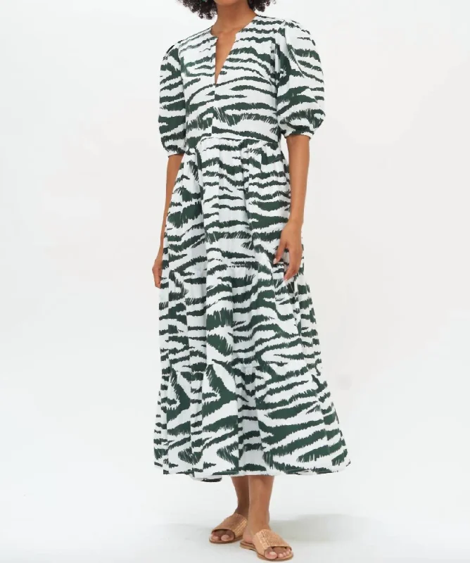 Puff Sleeve Maxi Dress In Green Singita