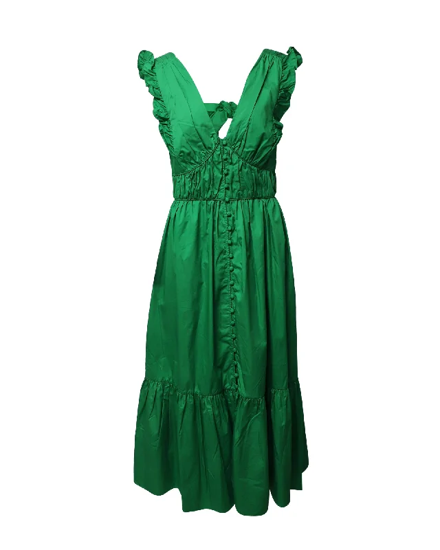 Self-Portrait Open Back Cotton Midi Dress in Green Cotton