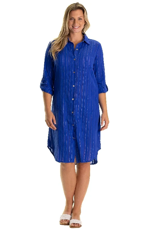 The Midi Flagler Coverup in Bright Blue Metallic Stripe