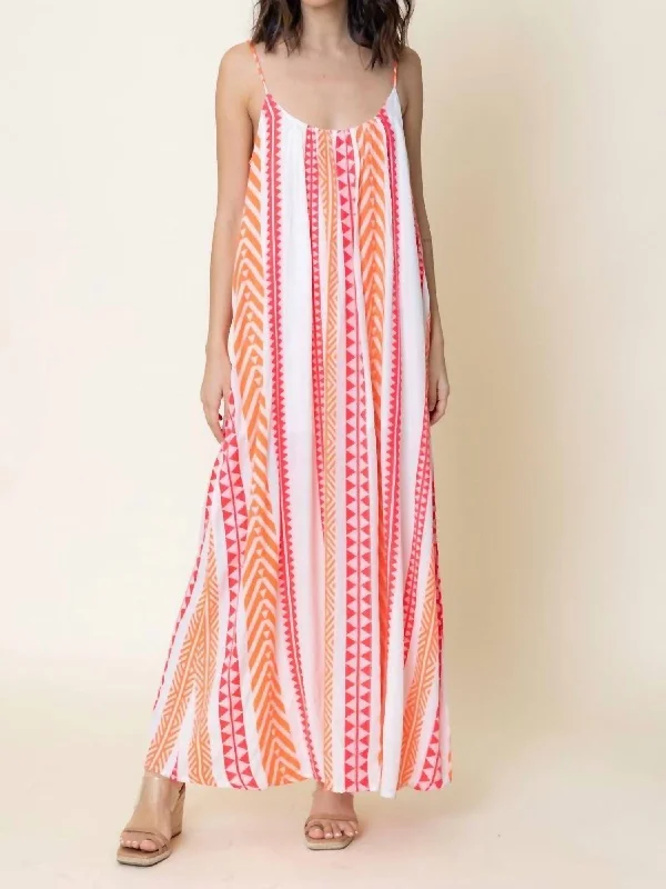 Embroidered Striped Cami Maxi Dress In White/ Pink/ Orange