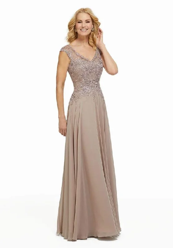 MGNY By Mori Lee - Beaded Lace V-neck A-line Chiffon Evening Dress 72021SC