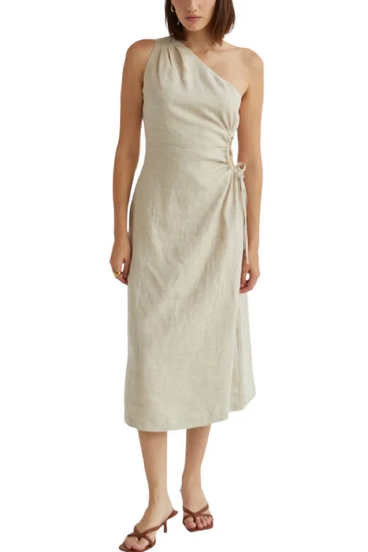 Aura One Shoulder Flax Linen Midi Dress In Oatmeal