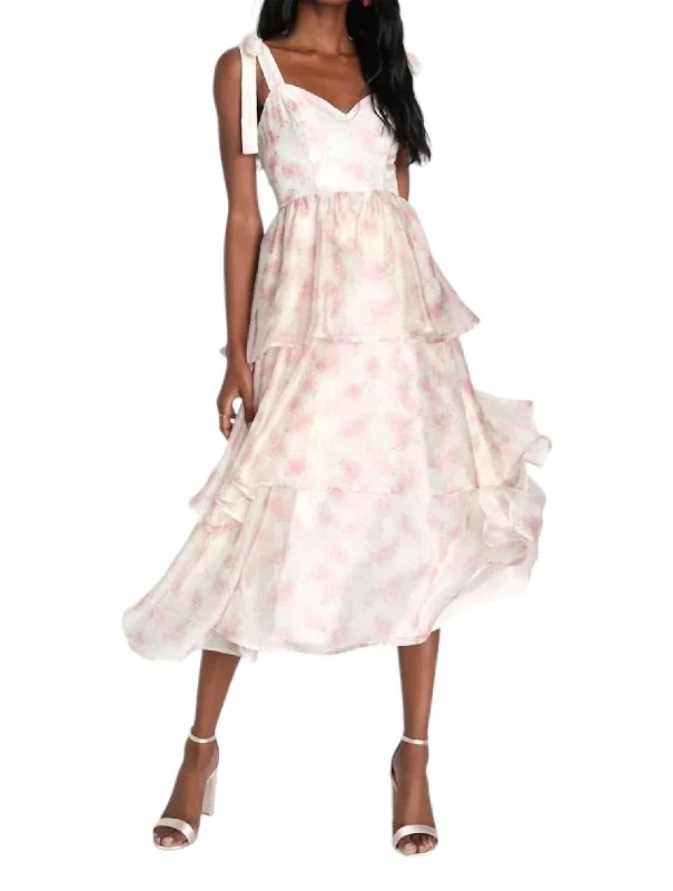 Tie Straps Midi Dress In Ivory With Pink Flowers